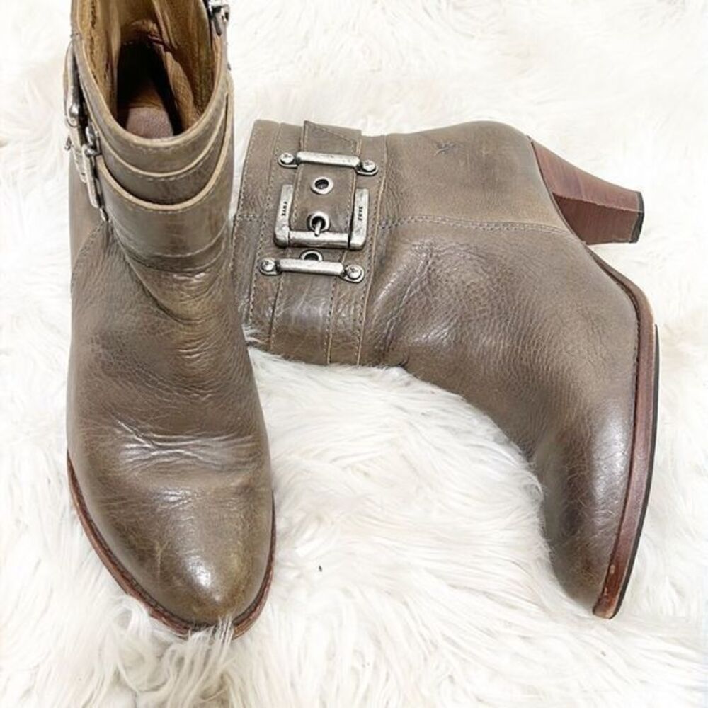 Frye Tina Shootie Leather Chunky Buckle Ankle Boot Gray Green 10